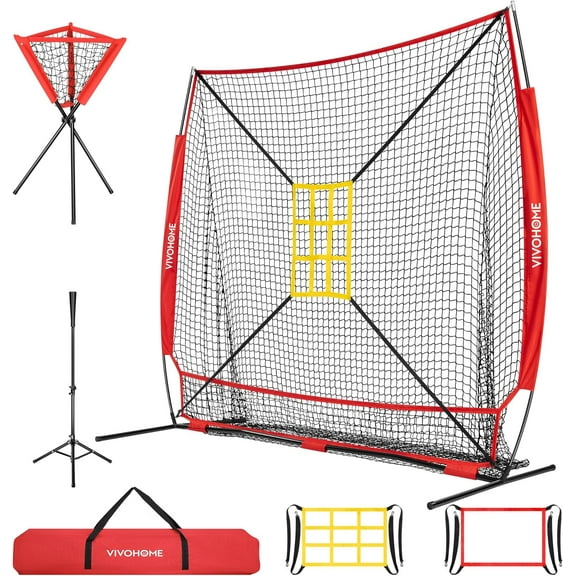 SPECSTAR Baseball Net, 7 x 7 ft Baseball Softball Hitting Net with Large Ball Collection System, with 2 Strike Zone, Batting Tee, Carry Bag