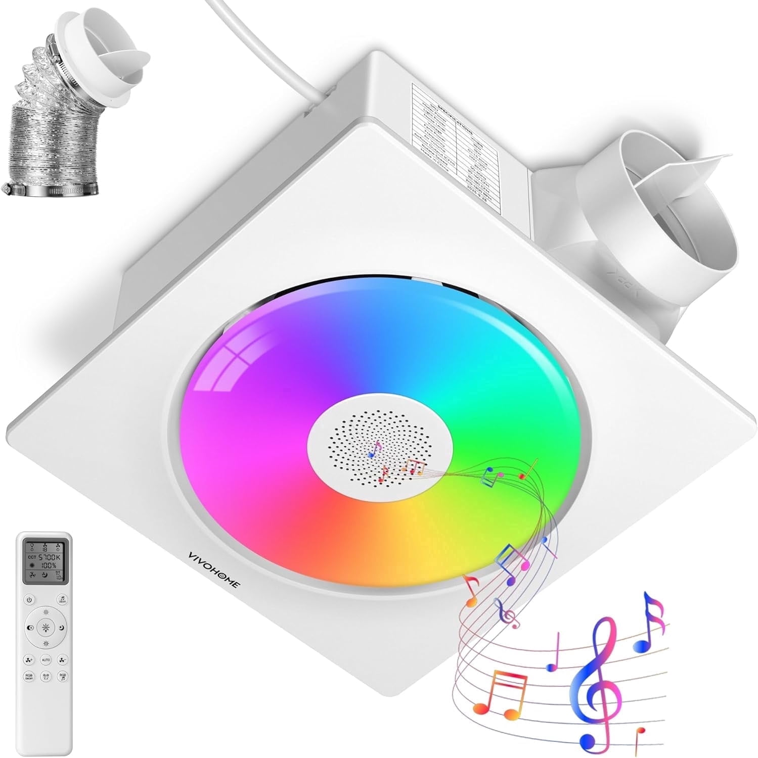 SPECSTAR Bathroom Exhaust Fan 160-110-50 CFM with RGB Light, Humidity Sensor & Bluetooth Speaker, 2700K/4000K/5700K LED, EC Motor Retrofit, No Attic Access Required