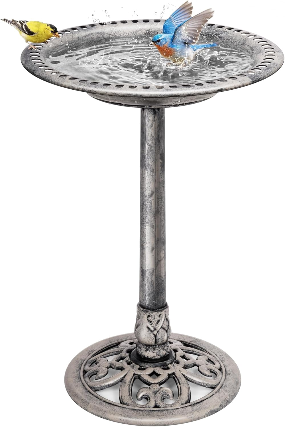 SPECSTAR Bird Bath, 28 inch Height Polyresin Lightweight Antique Outdoor Garden Birdbath Gray
