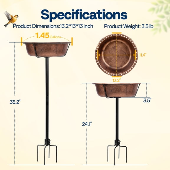 SPECSTAR Bird Bath for Outside, Outdoor 13'' Birdbath Bowl with Metal Ground Stake, Weather-Resistant ABS Bird Bath and Feeder for Garden, 1.45 Gallons, Bronze