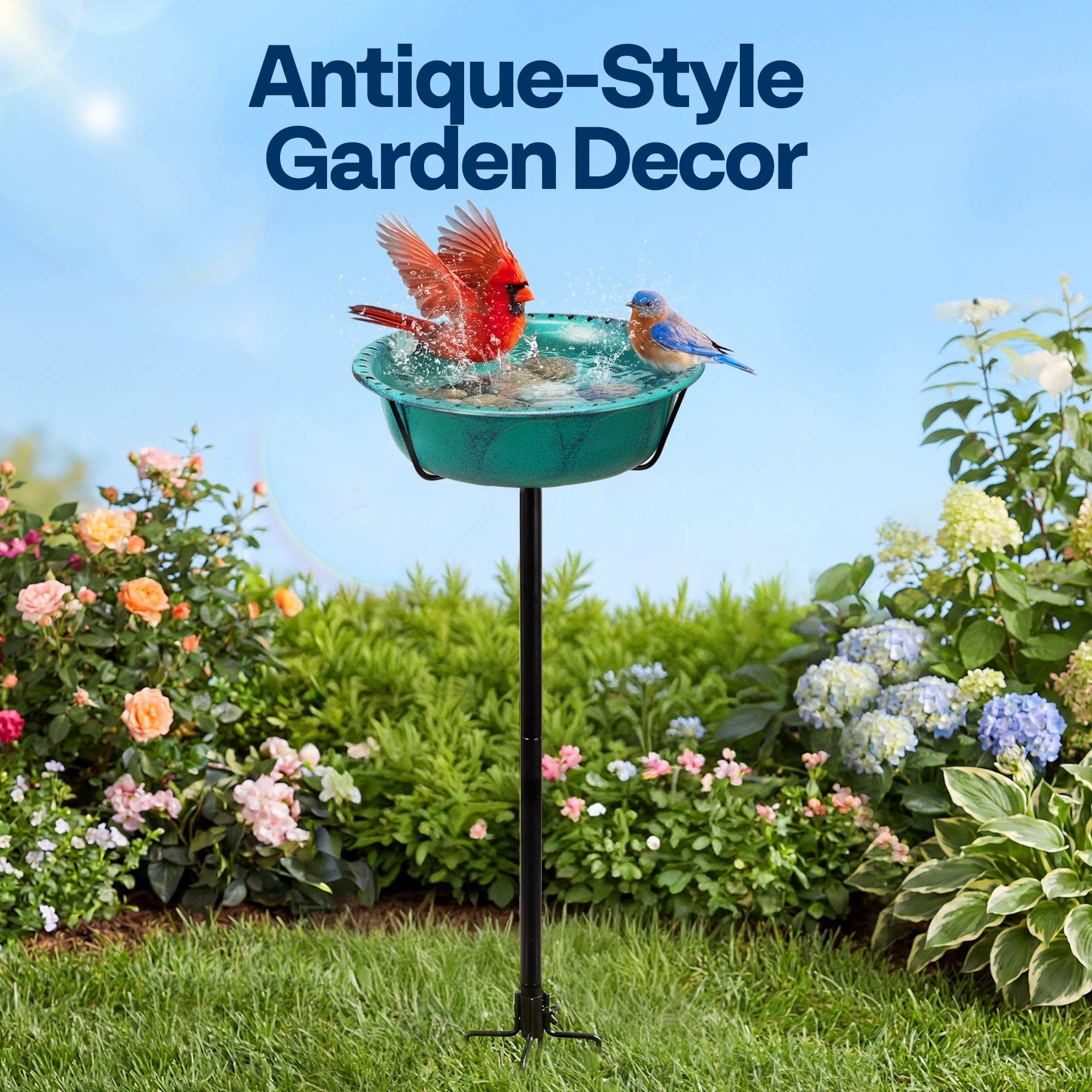 SPECSTAR Bird Bath for Outside, Outdoor 13'' Birdbath Bowl with Metal Ground Stake, Weather-Resistant ABS Bird Bath and Feeder for Garden, 1.45 Gallons, Green