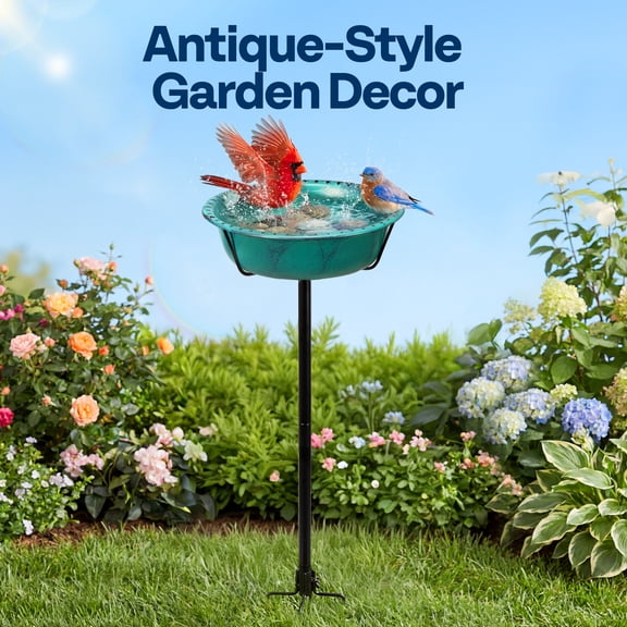 SPECSTAR Bird Bath for Outside, Outdoor 13'' Birdbath Bowl with Metal Ground Stake, Weather-Resistant ABS Bird Bath and Feeder for Garden, 1.45 Gallons, Green