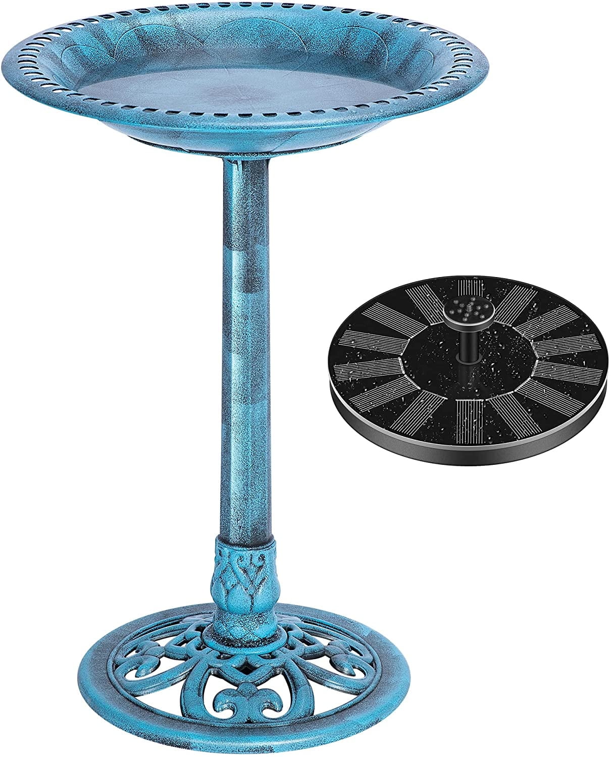 SPECSTAR Bird Bath, Polyresin Antique Outdoor Blue Garden Birdbath and Solar Powered Round Pond Fountain Combo Set