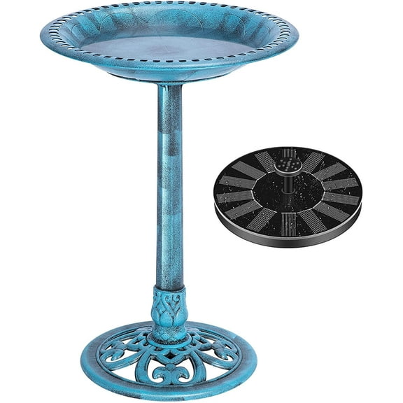 SPECSTAR Bird Bath, Polyresin Antique Outdoor Blue Garden Birdbath and Solar Powered Round Pond Fountain Combo Set