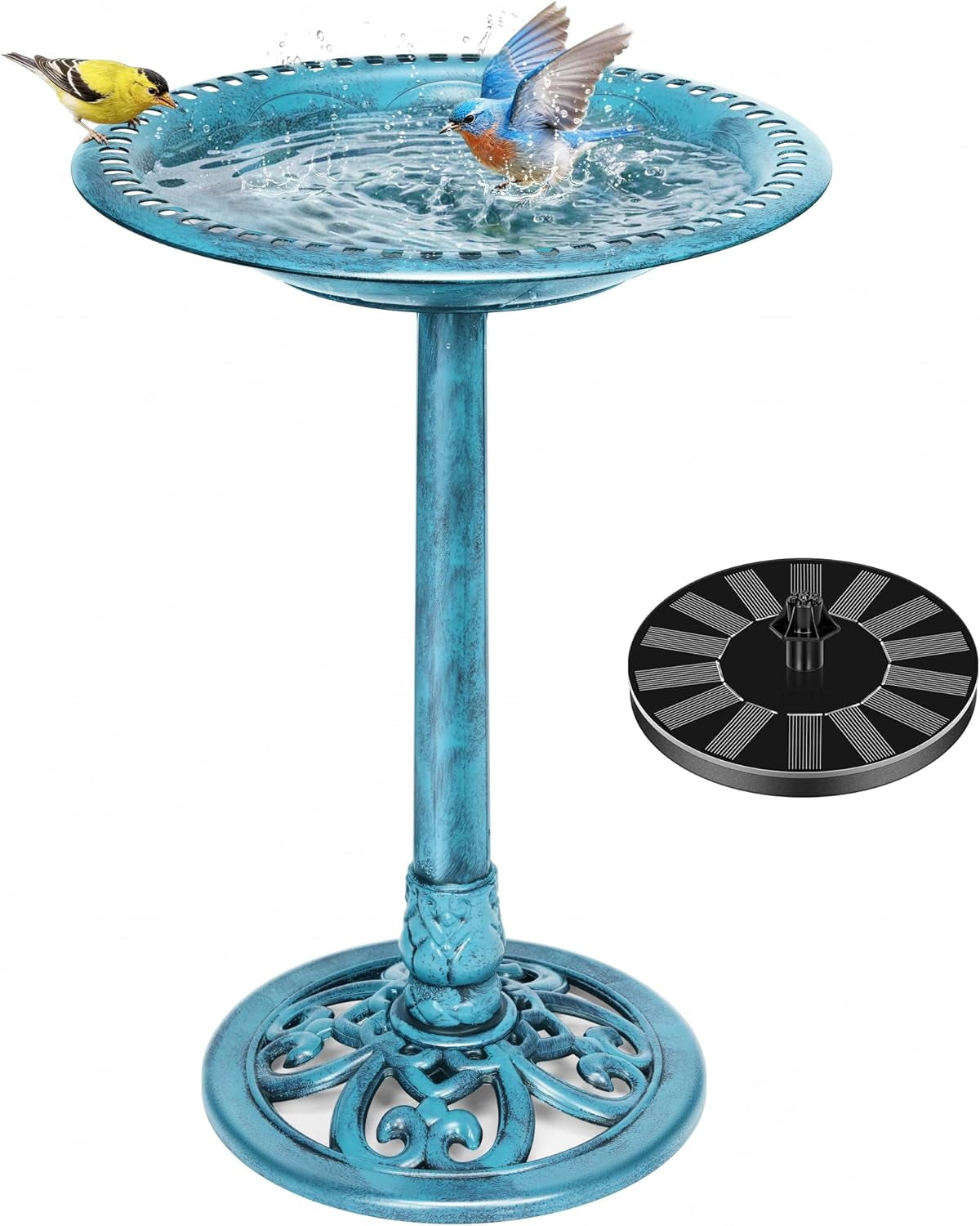 SPECSTAR Bird Bath, Polyresin Antique Outdoor Blue Garden Birdbath and Solar Powered Round Pond Fountain Combo Set