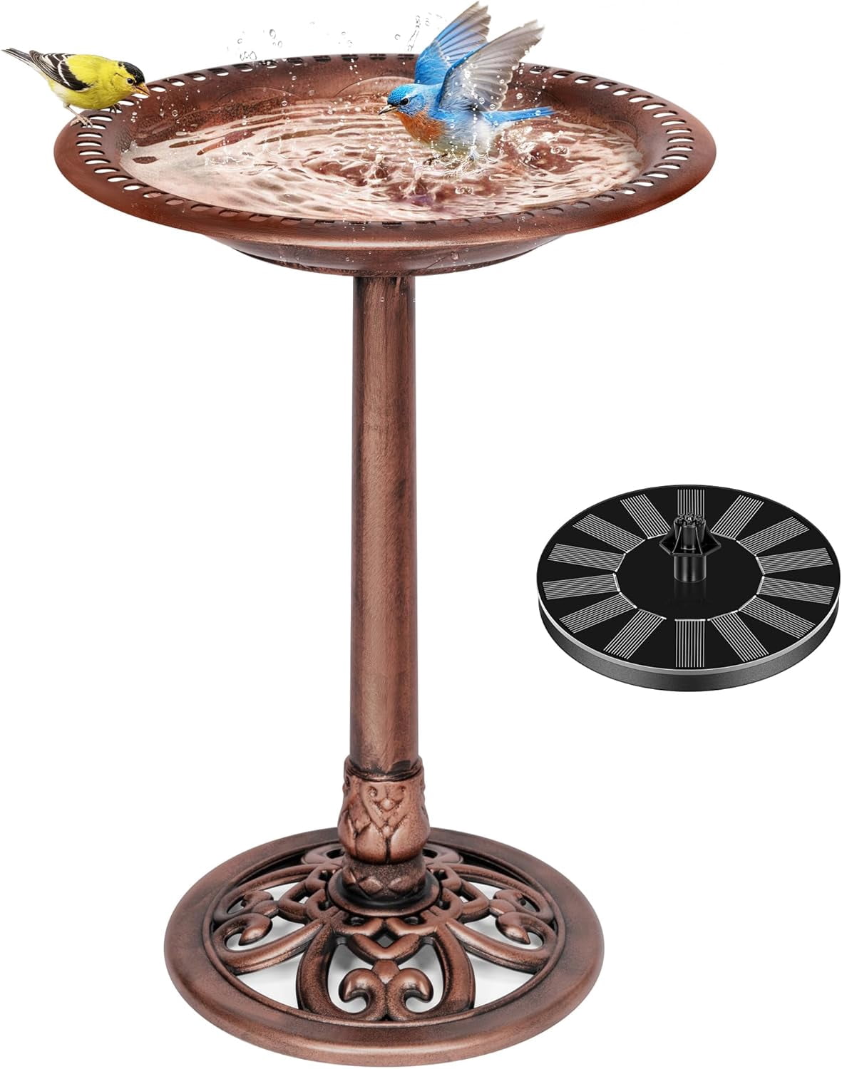 SPECSTAR Bird Bath, Polyresin Antique Outdoor Bronze Garden Birdbath and Solar Powered Round Pond Fountain Combo Set