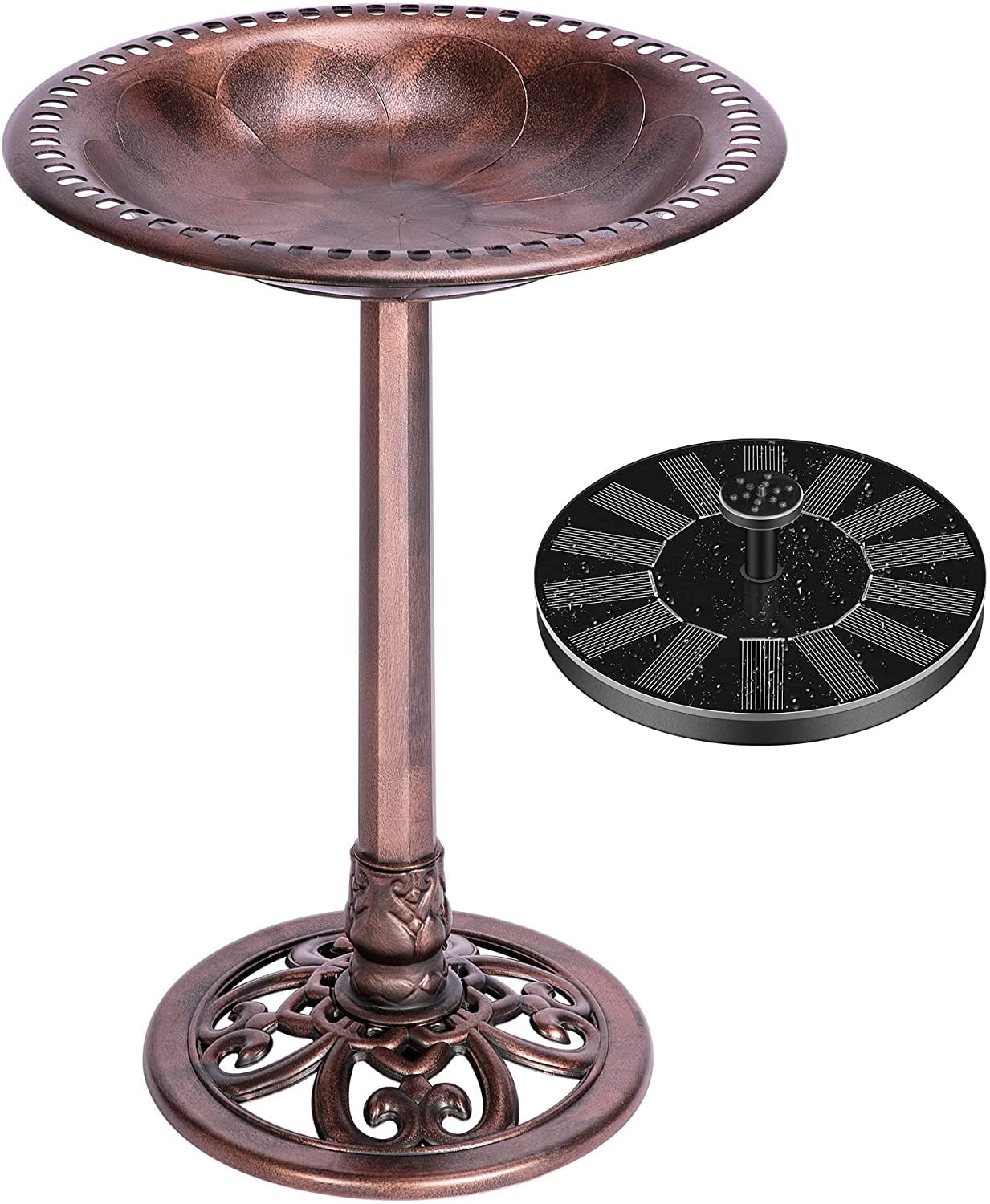 SPECSTAR Bird Bath, Polyresin Antique Outdoor Bronze Garden Birdbath and Solar Powered Round Pond Fountain Combo Set