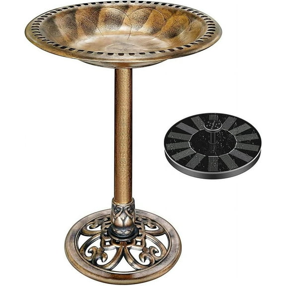 SPECSTAR Bird Bath, Polyresin Antique Outdoor Golden Garden Birdbath and Solar Powered Round Pond Fountain Combo Set