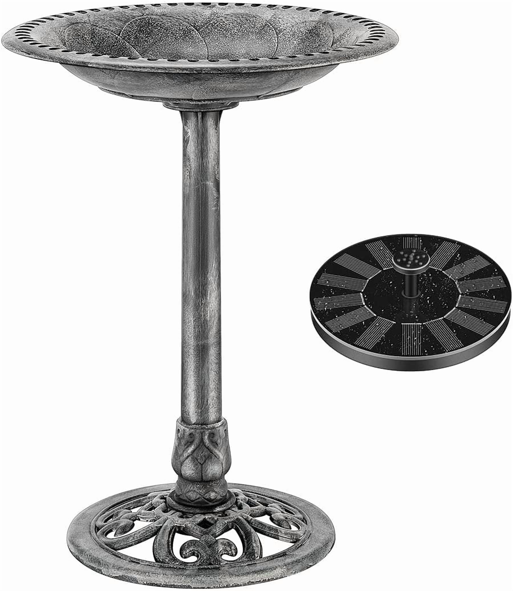 SPECSTAR Bird Bath, Polyresin Antique Outdoor Gray Garden Birdbath and Solar Powered Round Pond Fountain Combo Set