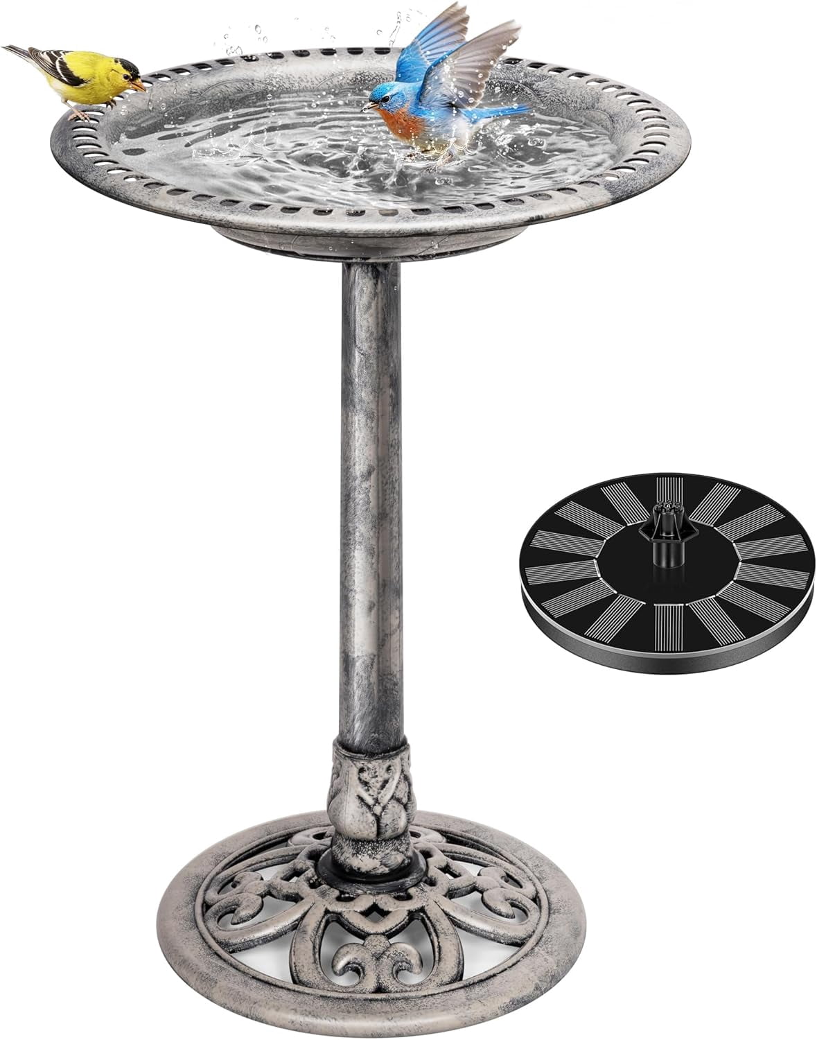 SPECSTAR Bird Bath, Polyresin Antique Outdoor Gray Garden Birdbath and Solar Powered Round Pond Fountain Combo Set