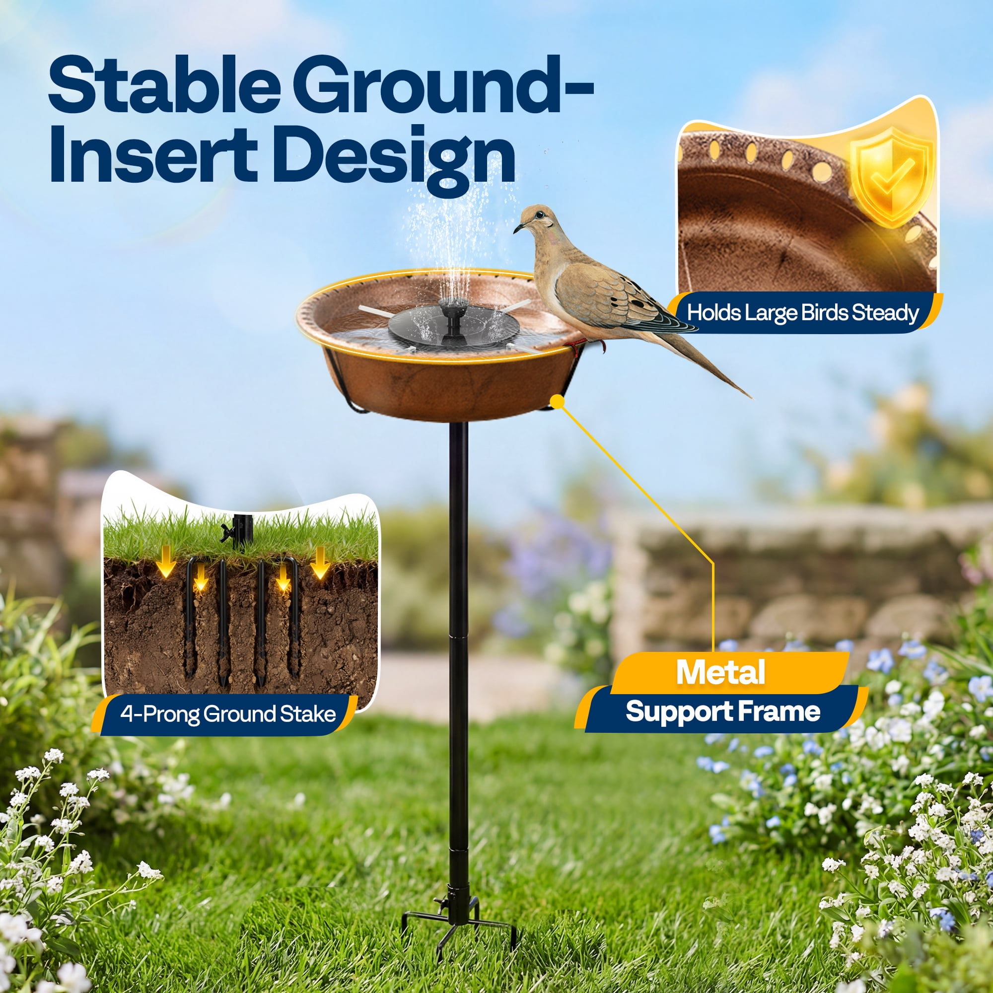 SPECSTAR Bird Bath with Solar Fountain for Outside, Weather-Resistant ABS Birdbath Bowl with Solar Powered Pump, Metal Ground Stake for Outdoor, Garden, 1.45 Gallons, Bronze