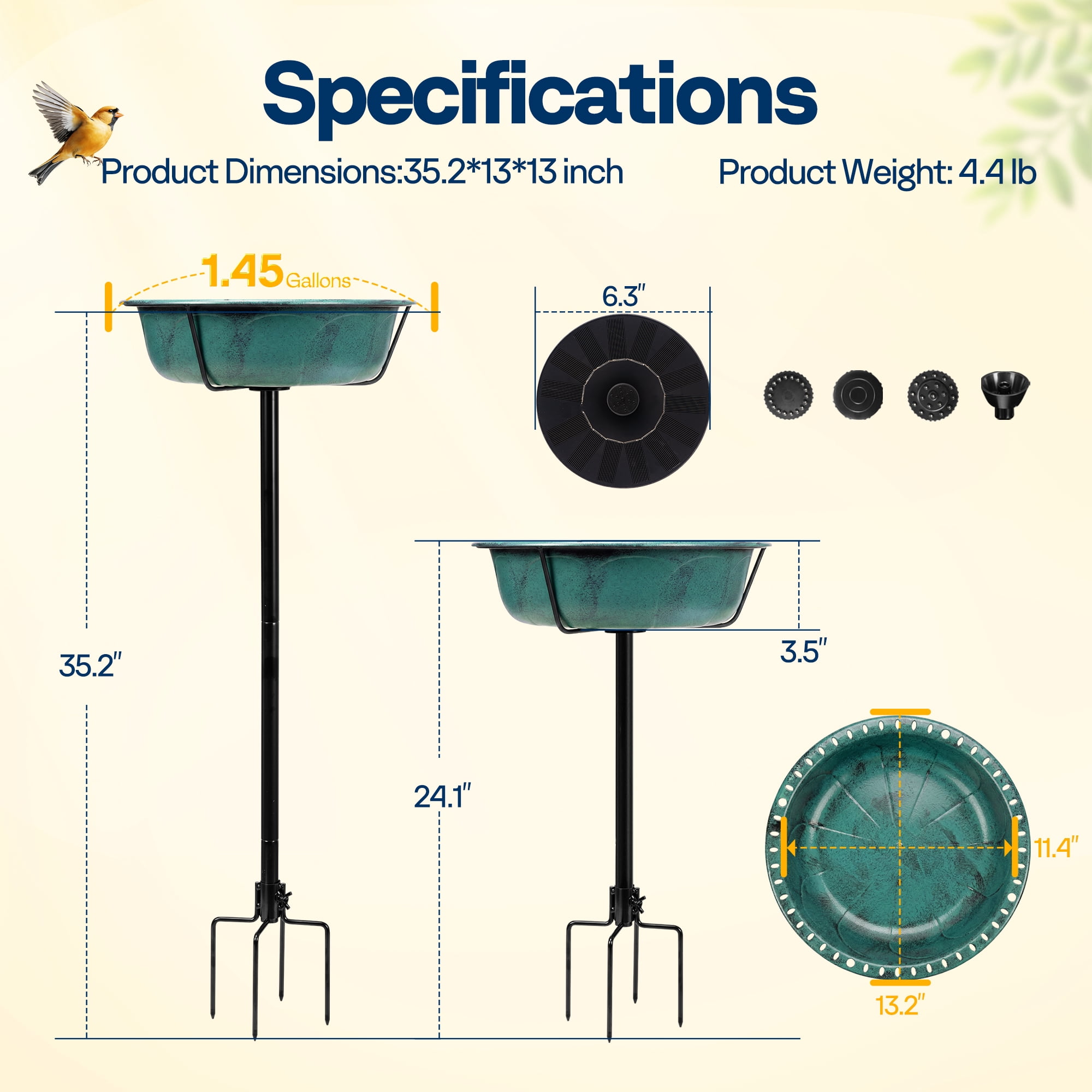 SPECSTAR Bird Bath with Solar Fountain for Outside, Weather-Resistant ABS Birdbath Bowl with Solar Powered Pump, Metal Ground Stake for Outdoor, Garden, 1.45 Gallons, Green