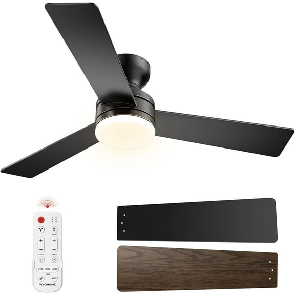 SPECSTAR Ceiling Fans with Lights, 42 inch Low Profile Ceiling Fan with Light and Remote, Flush Mount Black Ceiling Fan for Bedroom, 6+1 Speeds, 3CCT, Dimmable, Timer, Quiet Reversible DC Motor