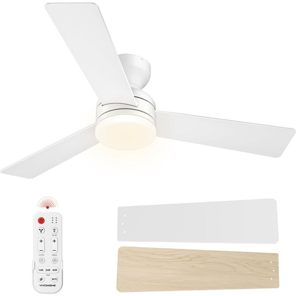 SPECSTAR Ceiling Fans with Lights, 42 inch Low Profile Ceiling Fan with Light and Remote, Flush Mount White Ceiling Fan for Bedroom, 6+1 Speeds, 3CCT, Dimmable, Timer, Quiet Reversible DC Motor