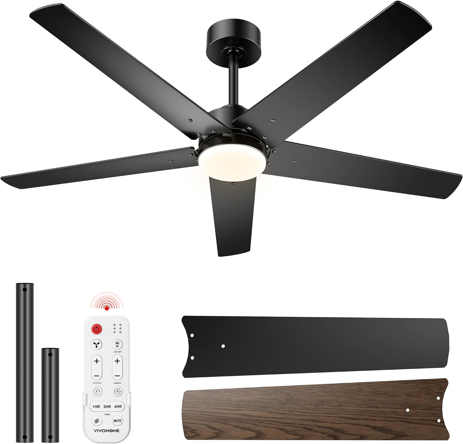 SPECSTAR Ceiling Fans with Lights, 52 inch Low Profile Ceiling Fan with Light and Remote, Flush Mount Black Ceiling Fan for Bedroom, 6+1 Speeds, 3CCT, Dimmable, Timer, Quiet Reversible DC Motor