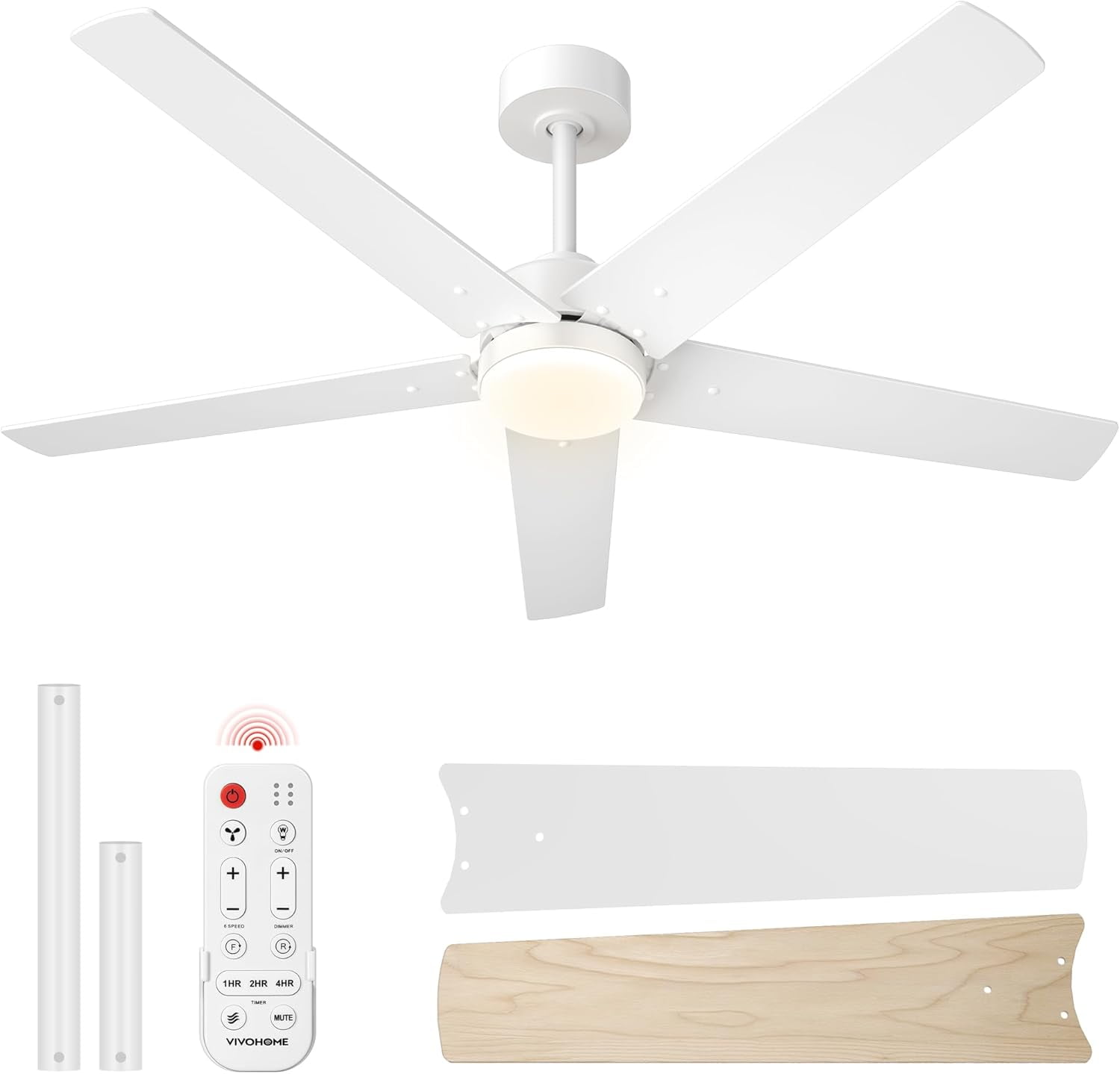 SPECSTAR Ceiling Fans with Lights, 52 inch Low Profile Ceiling Fan with Light and Remote, Flush Mount White Ceiling Fan for Bedroom, 6+1 Speeds, 3CCT, Dimmable, Timer, Quiet Reversible DC Motor