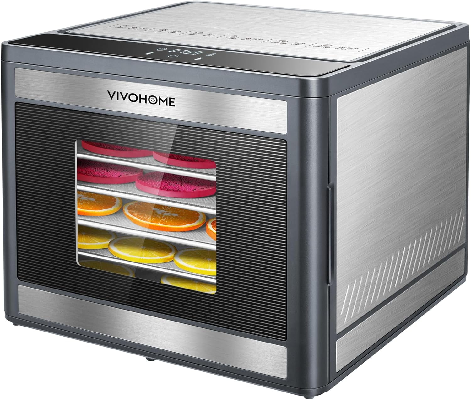 6-Tray Silver Stainless Steel Food Dehydrator with Timer and Temperature Control