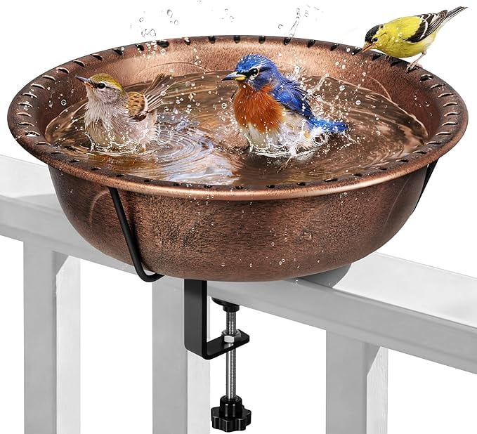 SPECSTAR Deck Mounted Bird Bath for Outside, Weather-Resistant ABS Bird Bath and Feeder with Adjustable Metal Clamp for Railing, Fence, Balcony, 1.45 Gallons, Bronze
