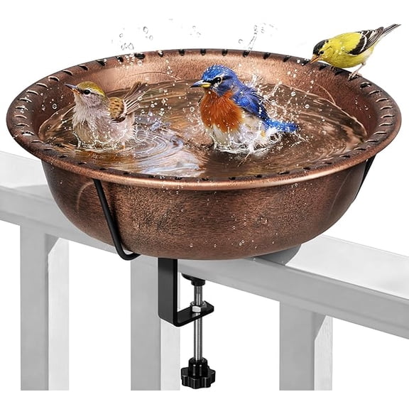 SPECSTAR Deck Mounted Bird Bath for Outside, Weather-Resistant ABS Bird Bath and Feeder with Adjustable Metal Clamp for Railing, Fence, Balcony, 1.45 Gallons, Bronze