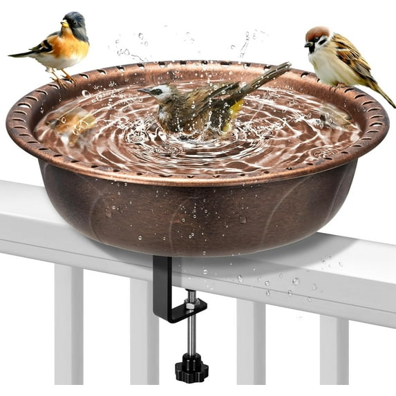 SPECSTAR Deck Mounted Polyresin Bird Bath with Adjustable Sturdy Metal Clamp for Railings up to 3.9 inch, Capacity 1.4 Gallons for Patio, Gardens, Yard, Deck, Bronze