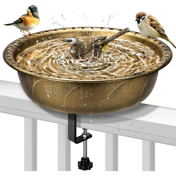 SPECSTAR Deck Mounted Polyresin Bird Bath with Adjustable Sturdy Metal Clamp for Railings up to 3.9 Inch, Capacity 1.4 Gallons for Patio, Gardens, Yard, Deck, Copper