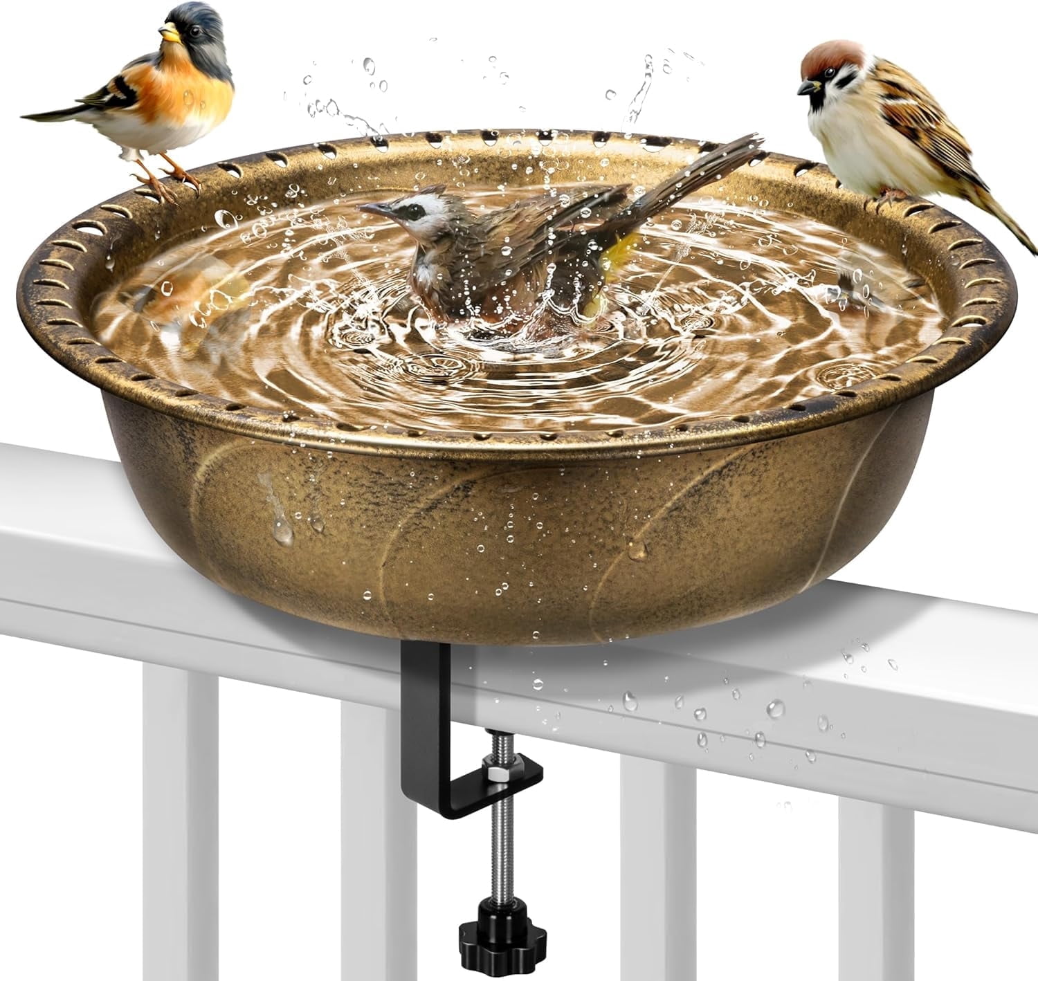 SPECSTAR Deck Mounted Polyresin Bird Bath with Adjustable Sturdy Metal Clamp for Railings up to 3.9 Inch, Capacity 1.4 Gallons for Patio, Gardens, Yard, Deck, Copper