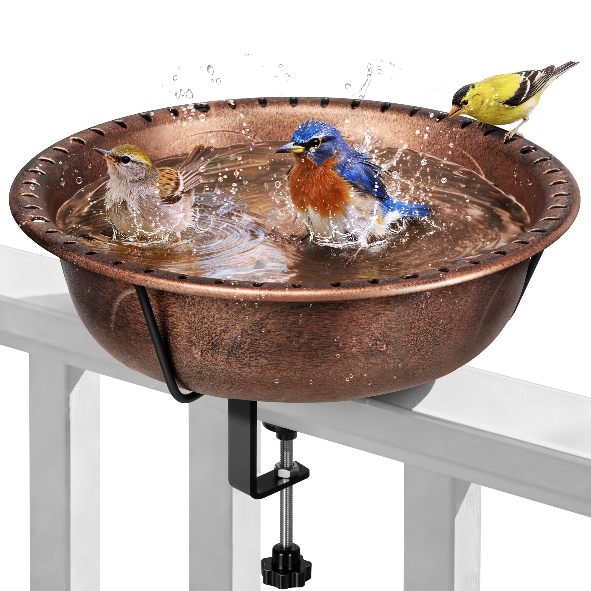 SPECSTAR Deck Mounted Bird Bath for Outside, Weather-Resistant ABS Bird Bath and Feeder with Adjustable Metal Clamp for Railing, Fence, Balcony, 1.45 Gallons, Copper