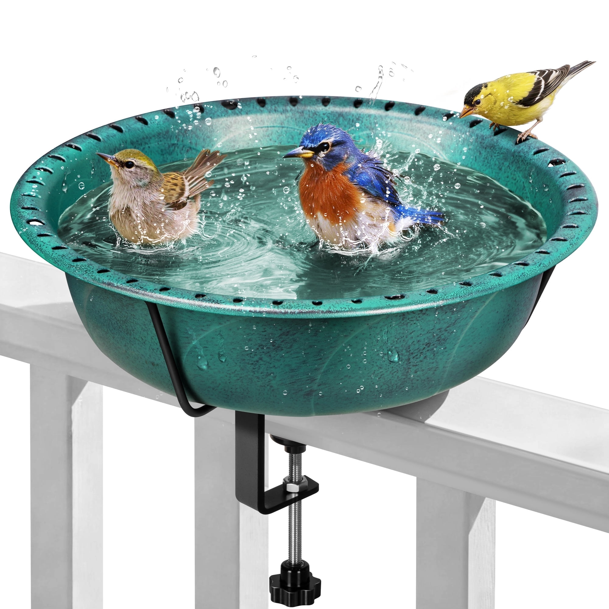 SPECSTAR Deck Mounted Bird Bath for Outside, Weather-Resistant ABS Bird Bath and Feeder with Adjustable Metal Clamp for Railing, Fence, Balcony, 1.45 Gallons, Green