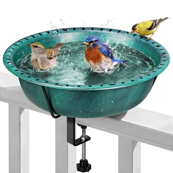 SPECSTAR Deck Mounted Bird Bath for Outside, Weather-Resistant ABS Bird Bath and Feeder with Adjustable Metal Clamp for Railing, Fence, Balcony, 1.45 Gallons, Green