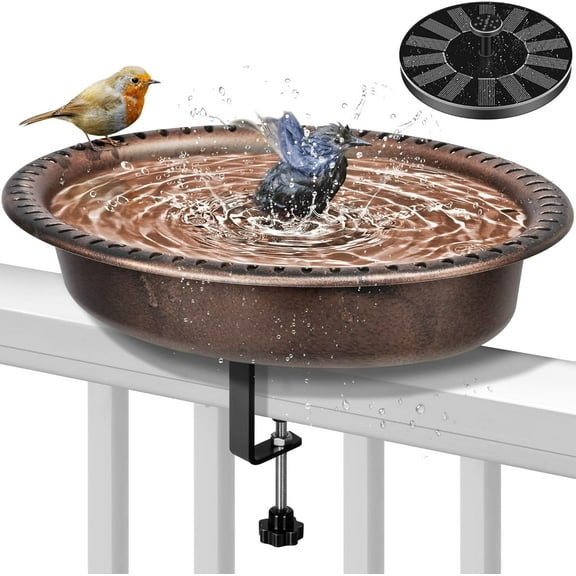 SPECSTAR Deck Mounted Oval Polyresin Bird Bath with Solar Fountain, Adjustable Clamp for Railings up to 3.9 Inch, Capacity 1.3 Gallons for Patio, Gardens, Yard, Deck, Bronze