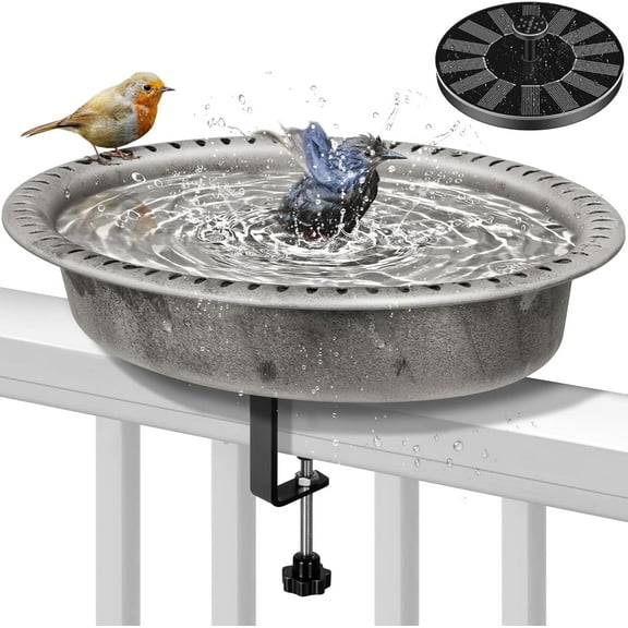 SPECSTAR Deck Mounted Oval Polyresin Bird Bath with Solar Fountain, Adjustable Clamp for Railings up to 3.9 Inch, Capacity 1.3 Gallons for Patio, Gardens, Yard, Deck, Gray