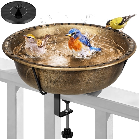 SPECSTAR Deck Mounted Bird Bath with Solar Fountain, Outdoor ABS Birdbath Bowl with Adjustable Metal Clamp, Solar Powered Pump for Railing, Fence, Balcony, 1.45 Gallons, Copper