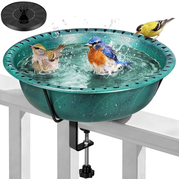 SPECSTAR Deck Mounted Bird Bath with Solar Fountain, Outdoor ABS Birdbath Bowl with Adjustable Metal Clamp, Solar Powered Pump for Railing, Fence, Balcony, 1.45 Gallons, Green