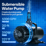 SPECSTAR 310W 5300GPH Submersible Water Pump with 180  Seamless Adjustable Nozzle and Barrier Bag for Koi Pond Waterfall Fountains Fish Tank