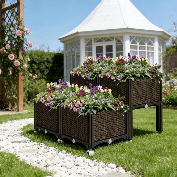 SPECSTAR Elevated Plastic Raised Garden Planter Kit, 17" x 17" x 7" (4 Pack, Brown)