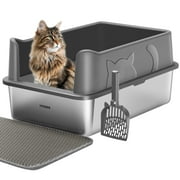 SPECSTAR Extra Large Stainless Steel Cat Litter Box, 23.6"x15.7" with Double Layer Litter Mat and Scoop, Dark Gray