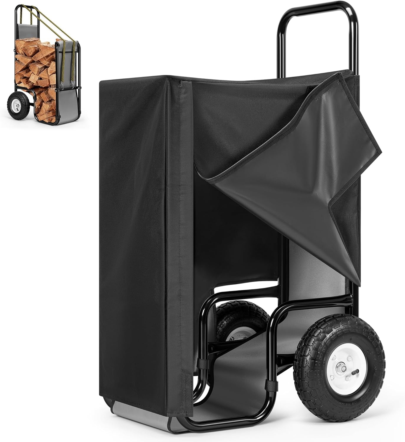 SPECSTAR Firewood Log Cart Carrier with Cover and 600D Oxford Cloth, 250 LB Capacity Heavy Duty Steel Log Carrier Dolly Hauler, Rolling Wood Rack Storage Mover for Easy Transport Indoor Outdoor Use