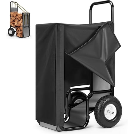 SPECSTAR Firewood Log Cart Carrier with Cover and 600D Oxford Cloth, 250 LB Capacity Heavy Duty Steel Log Carrier Dolly Hauler, Rolling Wood Rack Storage Mover for Easy Transport Indoor Outdoor Use
