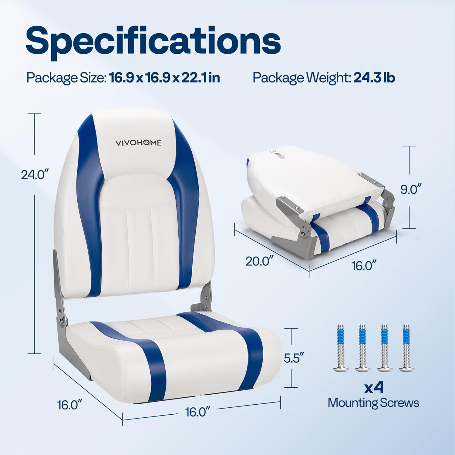 SPECSTAR Folding High Back Boat Seats 2 Pack, Waterproof Boat Captain Chairs, 4 Mounting Screws Included, White and Blue