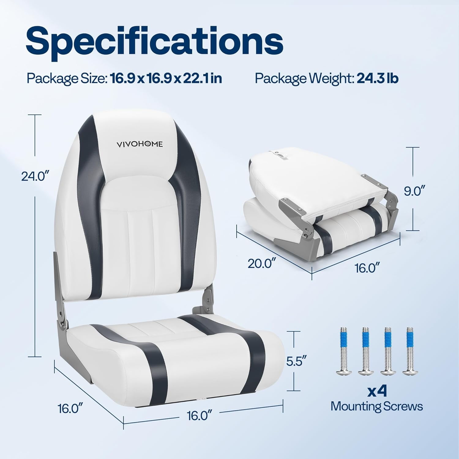 SPECSTAR Folding High Back Boat Seats 2 Pack, Waterproof Boat Captain Chairs, 4 Mounting Screws Included, White and Gray