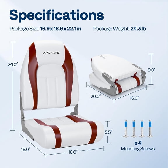 SPECSTAR Folding High Back Boat Seats 2 Pack, Waterproof Boat Captain Chairs, 4 Mounting Screws Included, White and Red