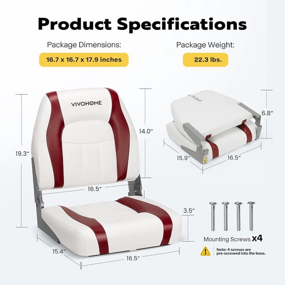 SPECSTAR Folding Low Back Boat Seats 2 Pack, Waterproof Boat Captain Chairs, 4 Mounting Screws Included, White and Red