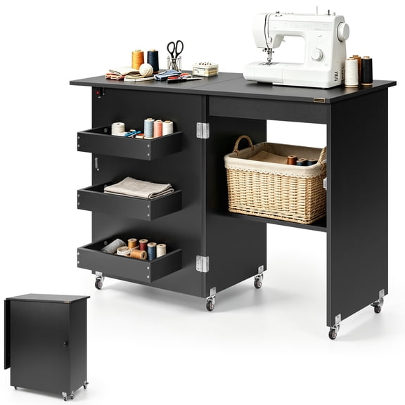 SPECSTAR Folding Sewing Craft Table, Rolling Sewing Machine Desk with Storage Shelves,Black