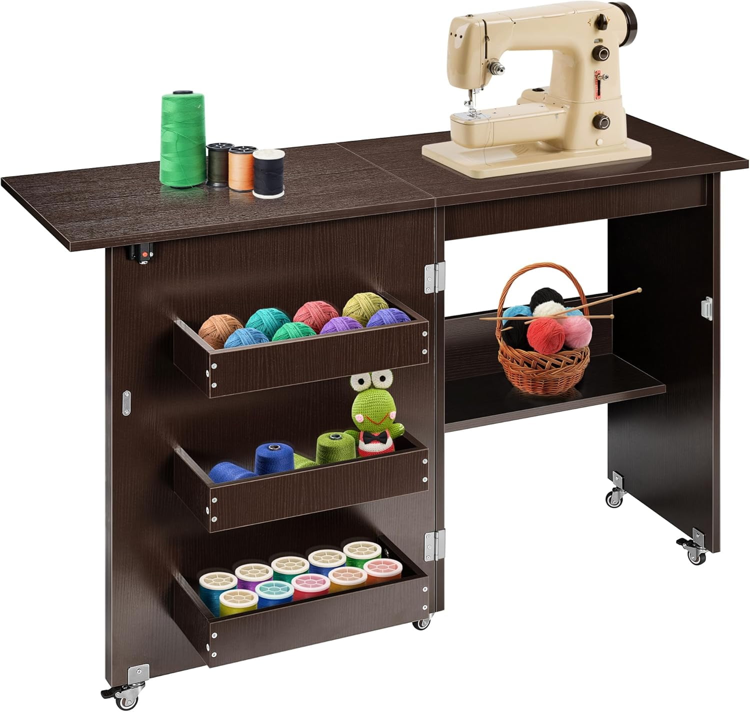 SPECSTAR Folding Sewing Craft Table, Rolling Sewing Machine Desk with ...