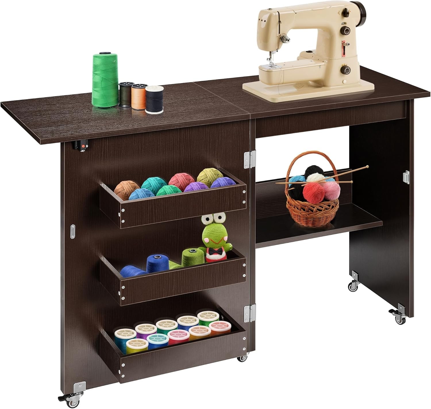 SPECSTAR Folding Sewing Craft Table, Rolling Sewing Machine Desk with Storage Shelves, Sewing Cabinet with Lift for Small Spaces, Dark Brown