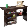thumbnail image 1 of SPECSTAR Folding Sewing Craft Table, Rolling Sewing Machine Desk with Storage Shelves, Sewing Cabinet with Lift for Small Spaces, Dark Brown, 1 of 7