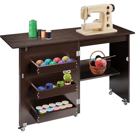 SPECSTAR Folding Sewing Craft Table, Rolling Sewing Machine Desk with Storage Shelves, Sewing Cabinet with Lift for Small Spaces, Dark Brown