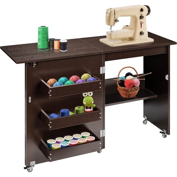 SPECSTAR Folding Sewing Craft Table, Rolling Sewing Machine Desk with Storage Shelves, Sewing Cabinet with Lift for Small Spaces, Dark Brown