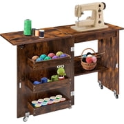 SPECSTAR Folding Sewing Craft Table, Rolling Sewing Machine Desk with Storage Shelves, Sewing Cabinet with Lift for Small Spaces, Rustic Brown