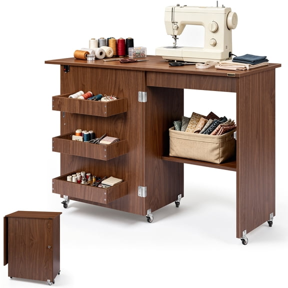SPECSTAR Folding Sewing Craft Table, Rolling Sewing Machine Desk with Storage Shelves,Walnut